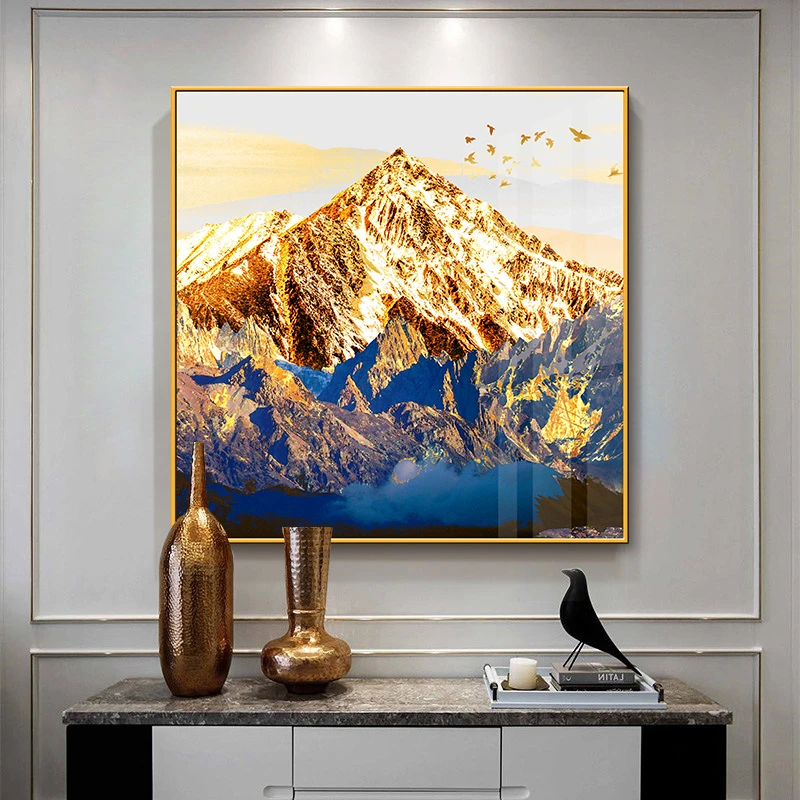 玄关桌上壁画正方形挂画餐厅进门迎面墙装饰日照金山背景墙画客厅