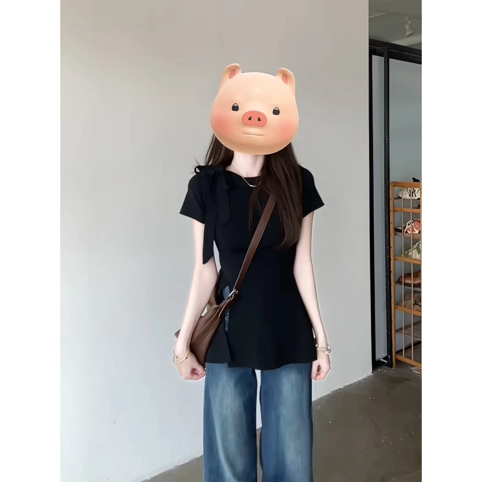 黑色正肩短袖T恤女夏季爆款小众设计感独特别致显瘦开叉