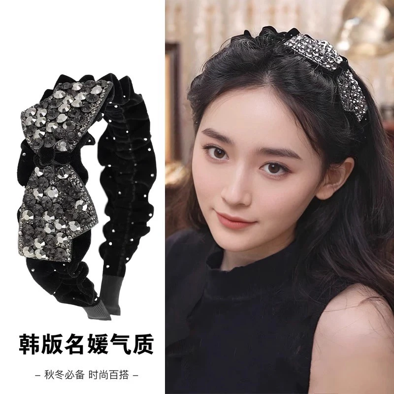 水钻蝴蝶结发箍女高颅顶显脸小头饰法式复古丝绒褶皱头箍秋冬新款