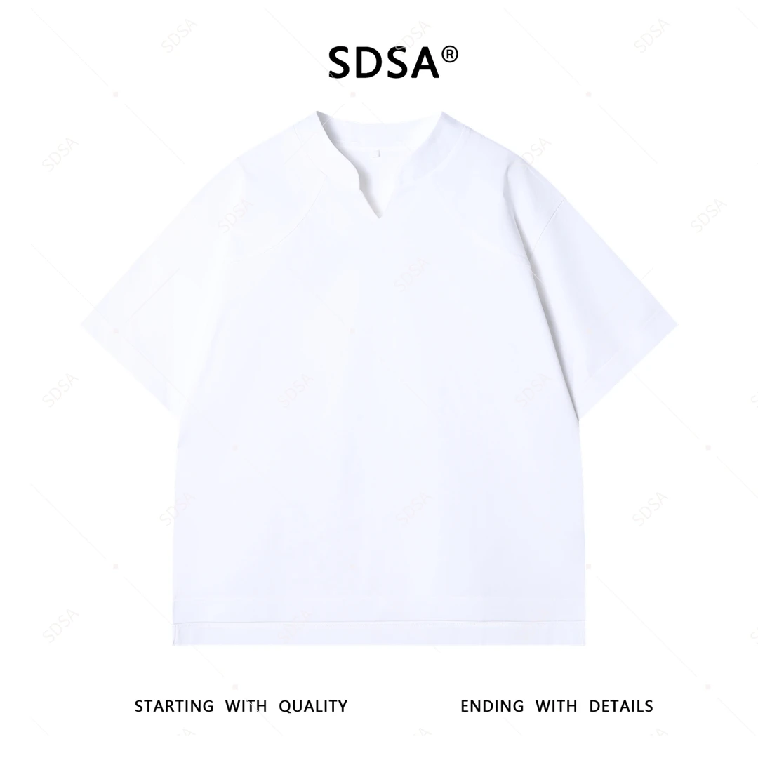 夏季高级感新款男士简约纯色小V领短袖T恤前短后长设计百搭上衣