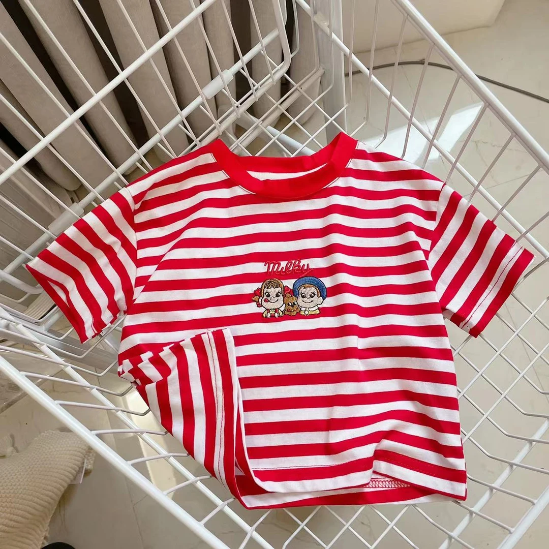 【20215】新款亲子装中小男女宝宝时尚韩版刺绣条纹T恤