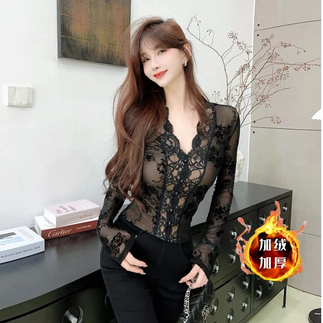 秋冬加绒蕾丝打底衫显瘦气质长袖冬天网红款法式修身保暖性感