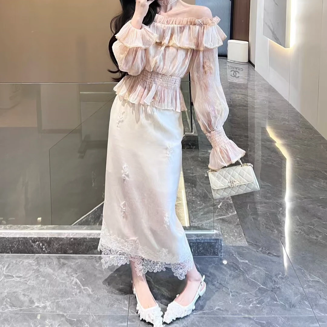 优雅气质蕾丝拼接高腰半身裙显瘦设计感长裙通勤