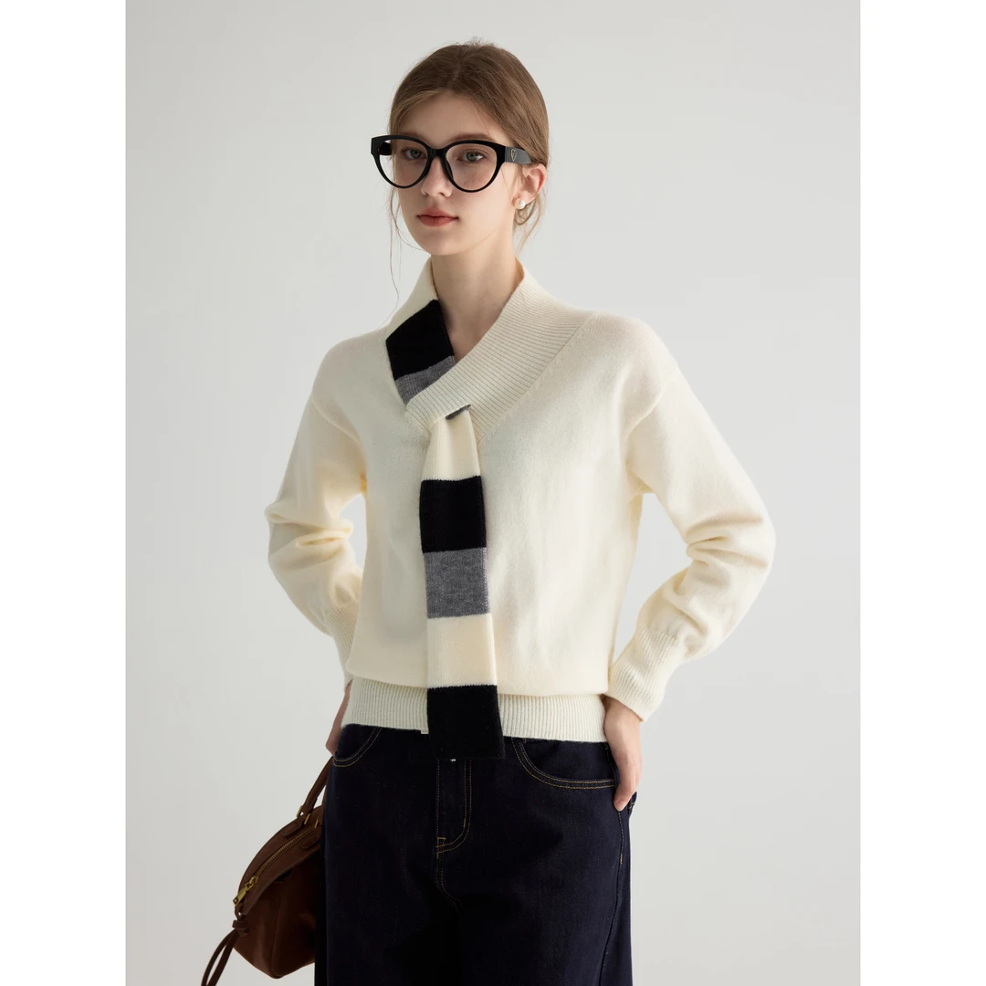 EGGKA拼接条纹v领设计感围巾毛衣女秋冬小众长袖上衣 E24A4305AF