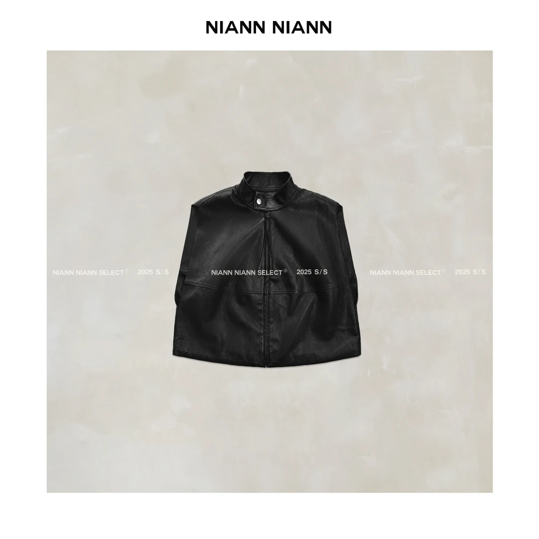 NiannNiann 新品高级女装宽松立领无袖轮廓蛋白环保皮马甲15151