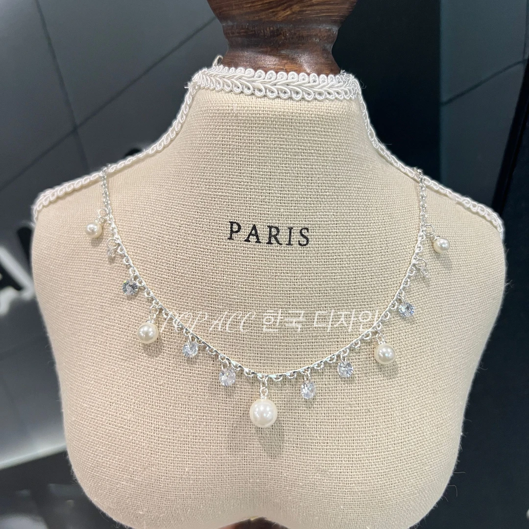 铜合金合成锆石项链 东大门新款人鱼气泡浪漫闪锆水滴珠珠项链