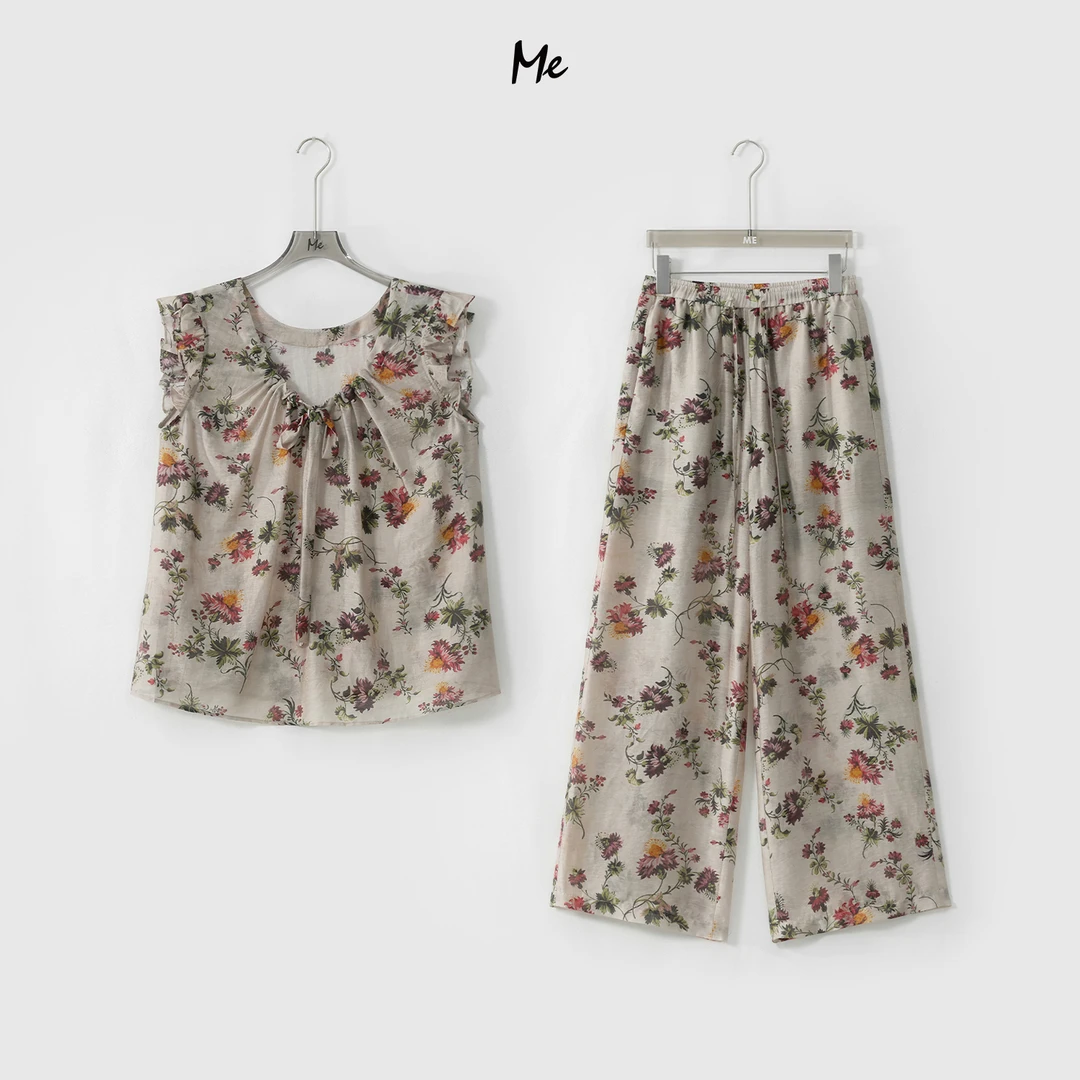 ME【花藤荷叶套装】天丝亚麻混纺松弛印花显瘦百搭时尚套装MESS6313