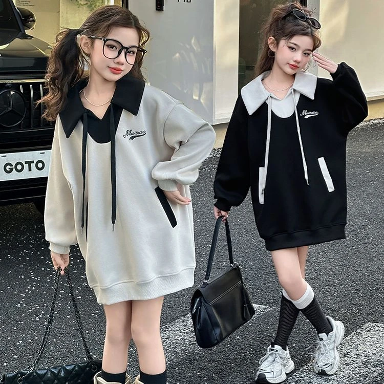 女童卫衣裙2025春季新款上新大童洋气翻领美式儿童宽松休闲连衣裙