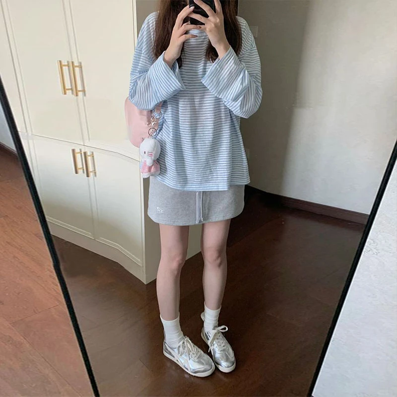 洋气减龄蓝白撞色条纹长袖T恤女夏季韩系穿搭宽松防晒打底衫上衣