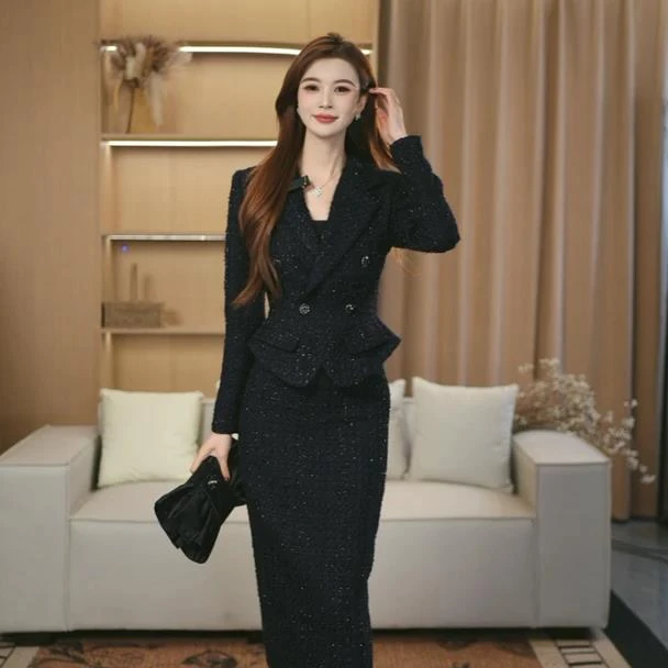 【上衣+半身裙】2025新款秋冬季复古通勤遮肉显瘦3662中长款套装