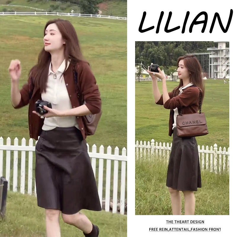 时尚穿搭女2025秋季新款长袖针织开衫修身打底衫显瘦半身裙三件套