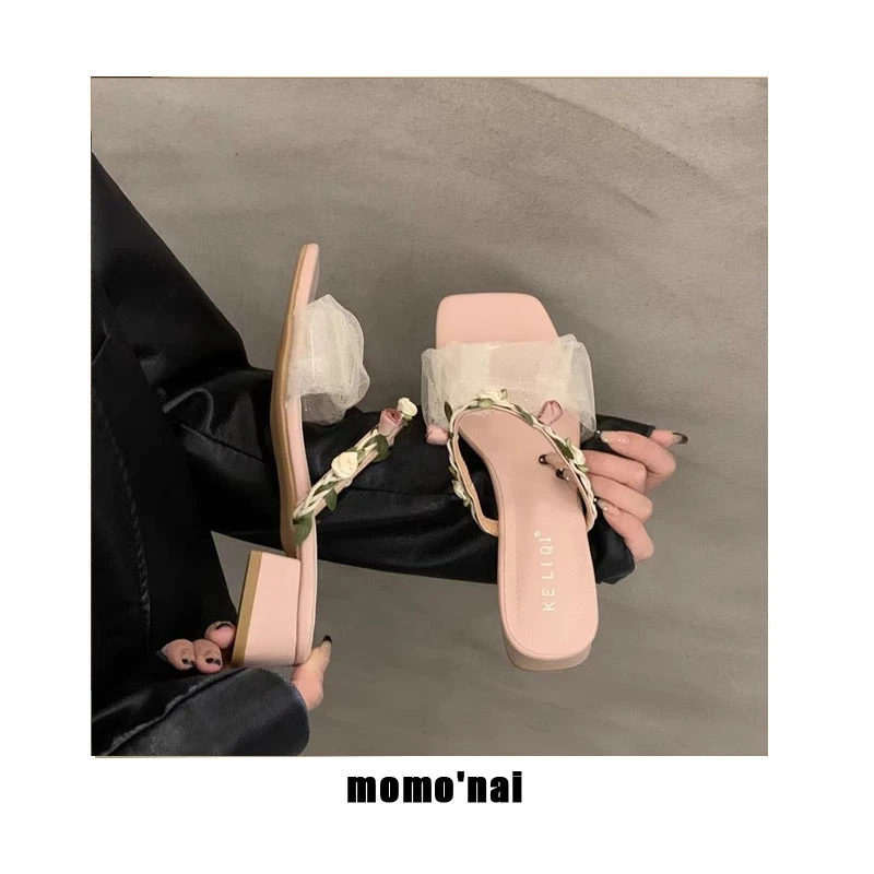 momo'nai 仙女风配裙子坡跟凉拖鞋外穿春夏季新款时尚方头粗跟气
