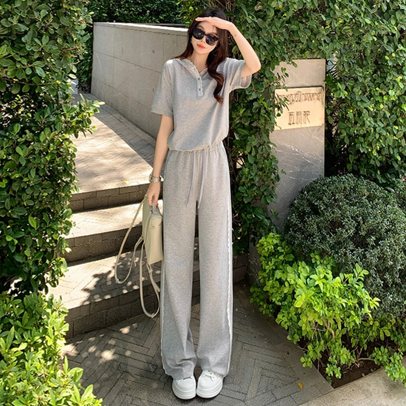 盐系高级感时尚气质套装女夏季新款蕾丝拼接连帽短袖阔腿裤两件套