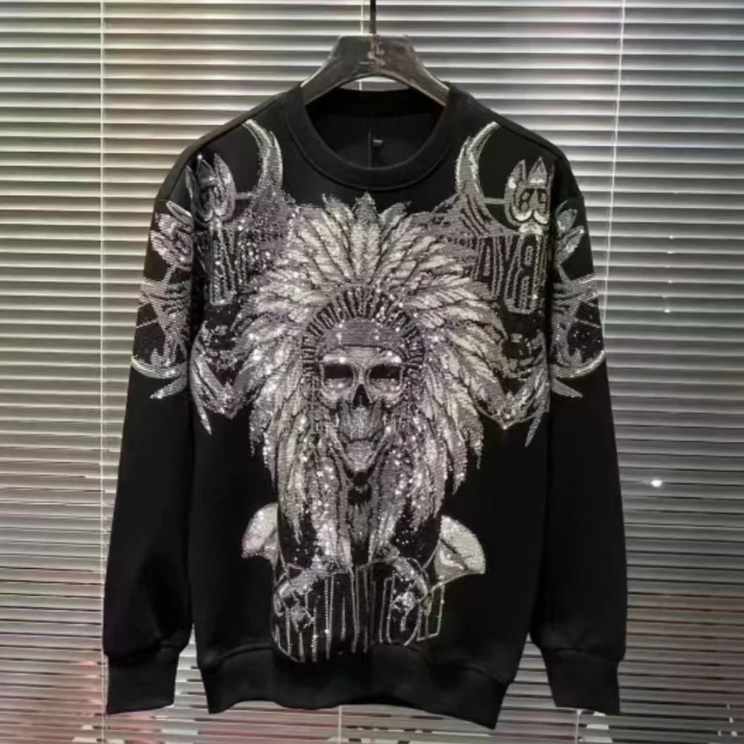 11632秋冬加绒长袖潮牌烫钻重工网红卫衣印第安人时尚