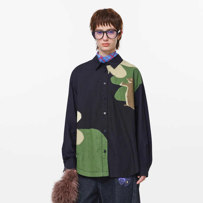 MOVEUP幻走2025秋季新款.FUN 翻领印花工字褶中长款衬衫3EWQ20403