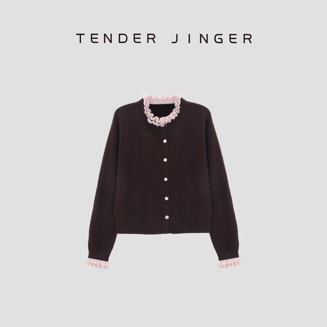 Tender Jinger【法式风情】拼色木耳边设计羊毛针织开衫T53MII41100