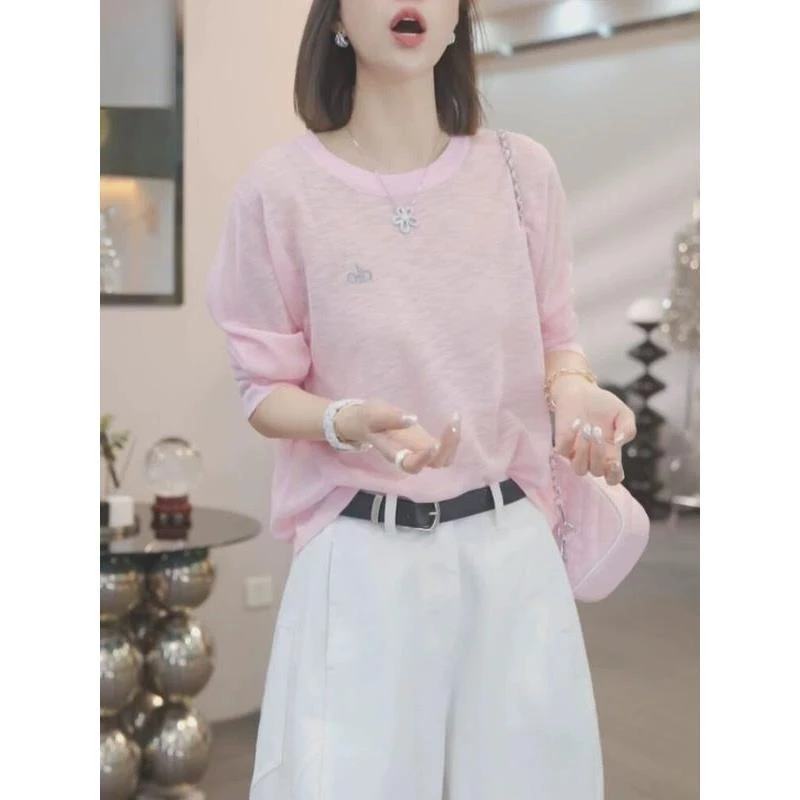 蓝色薄款长袖t恤女夏季空调罩衫2025年新款韩系慵懒宽松上衣