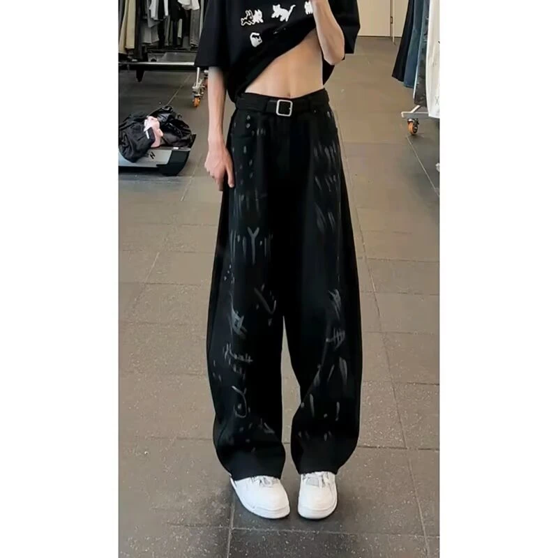 白色阔腿高腰直筒宽松显瘦设计感小众高街垂感印花牛仔裤男款现