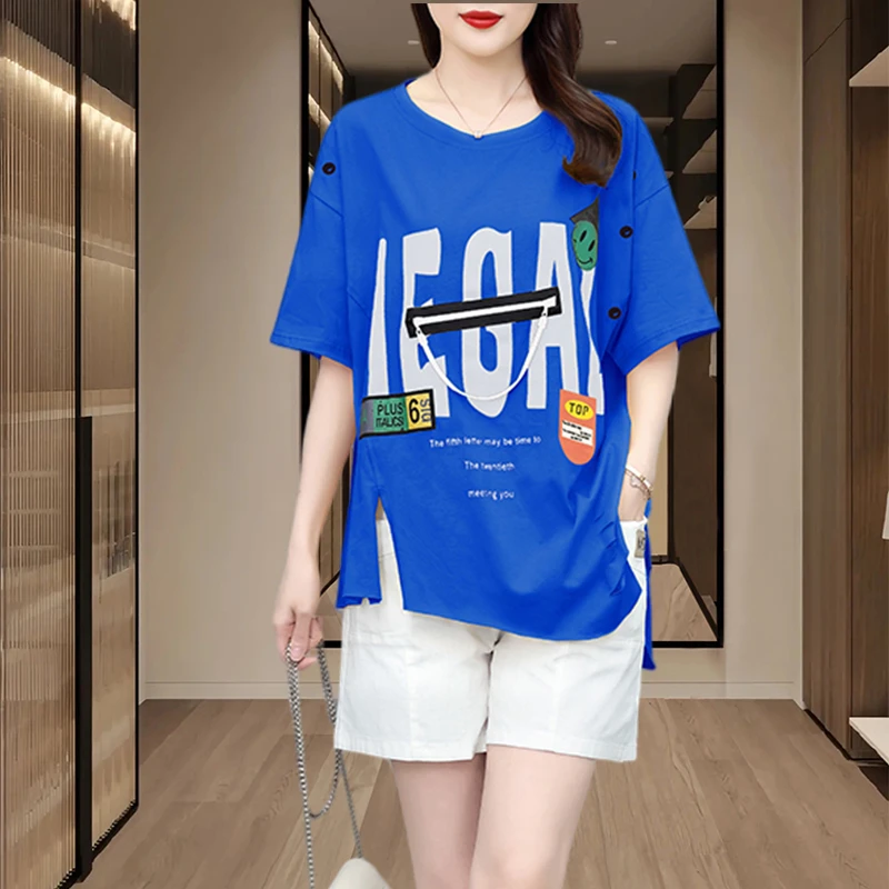 设计感短袖t恤女士2025夏季新款爆款宽松洋气遮肉减龄印花上衣