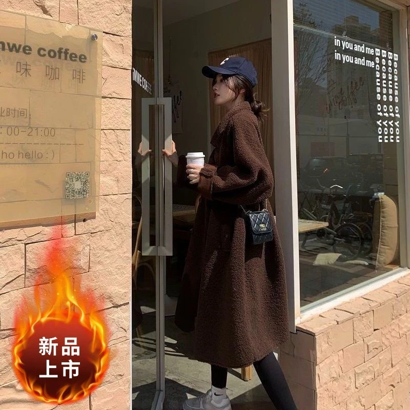 大码气质羊羔毛大衣女冬季胖妹妹英伦风慵懒过膝宽松长款毛呢外套