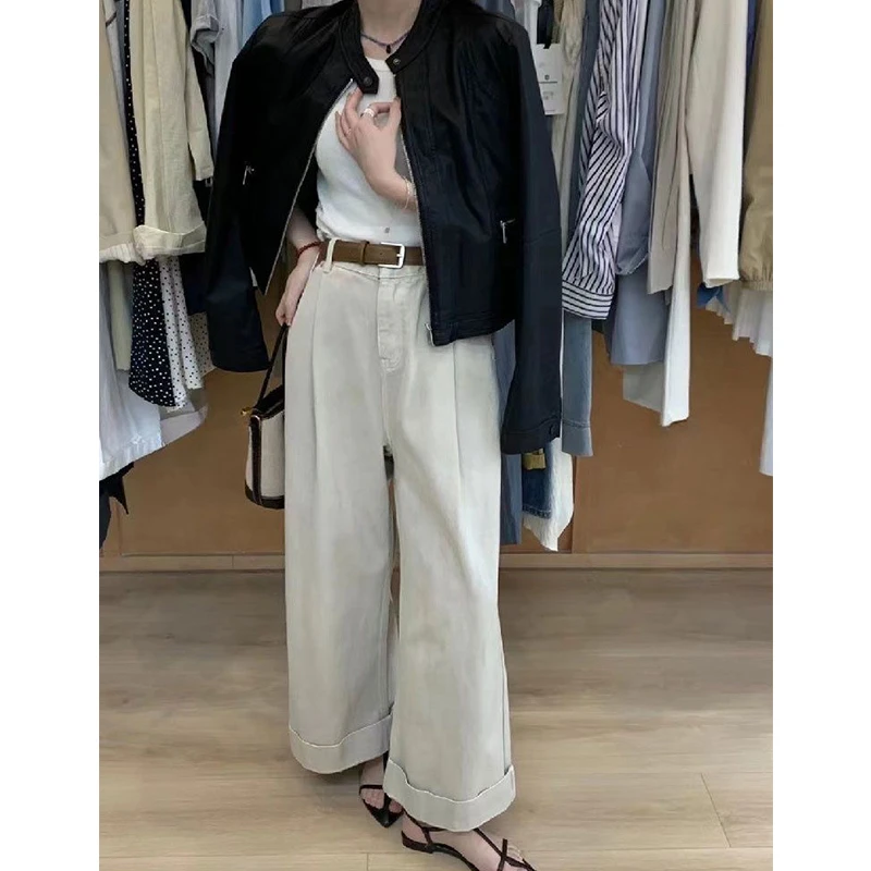 高腰宽松显瘦杏色九分阔腿裤女配腰带百搭休闲裤子