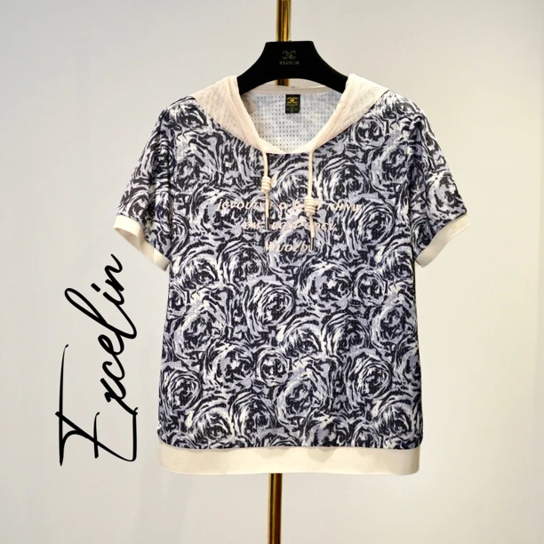 高级黑白灰玫瑰夏季冰丝速干帽衫】透气舒适短袖穿搭显瘦女士T恤