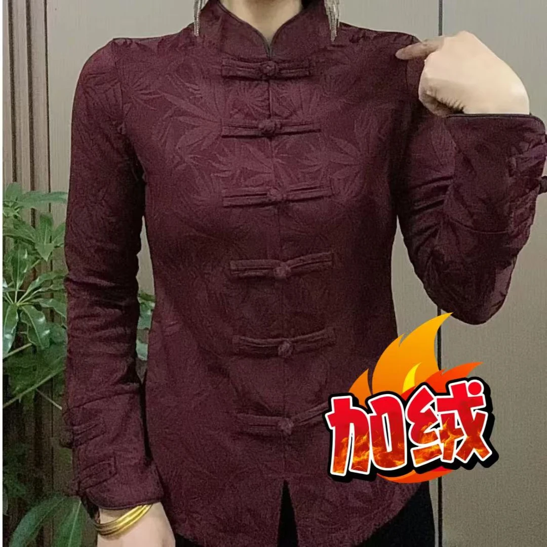 秋冬新款女士衬衫领妈妈提花薄绒长袖百搭时尚修身显瘦复古打底衫