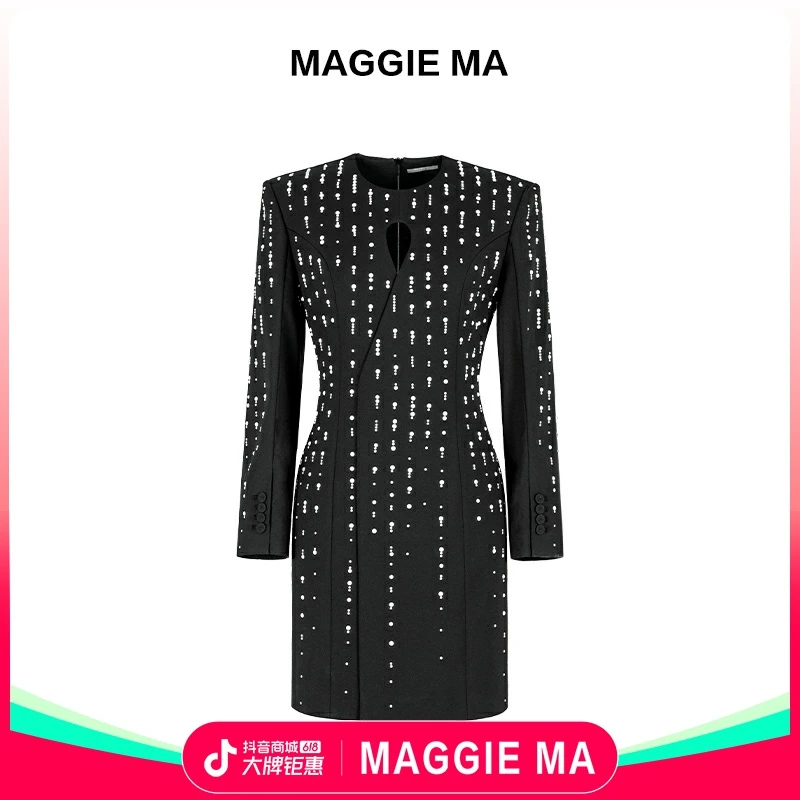 MAGGIE MA马婧设计师款包臀裙子财阀千金女装黑色小众连衣裙045D
