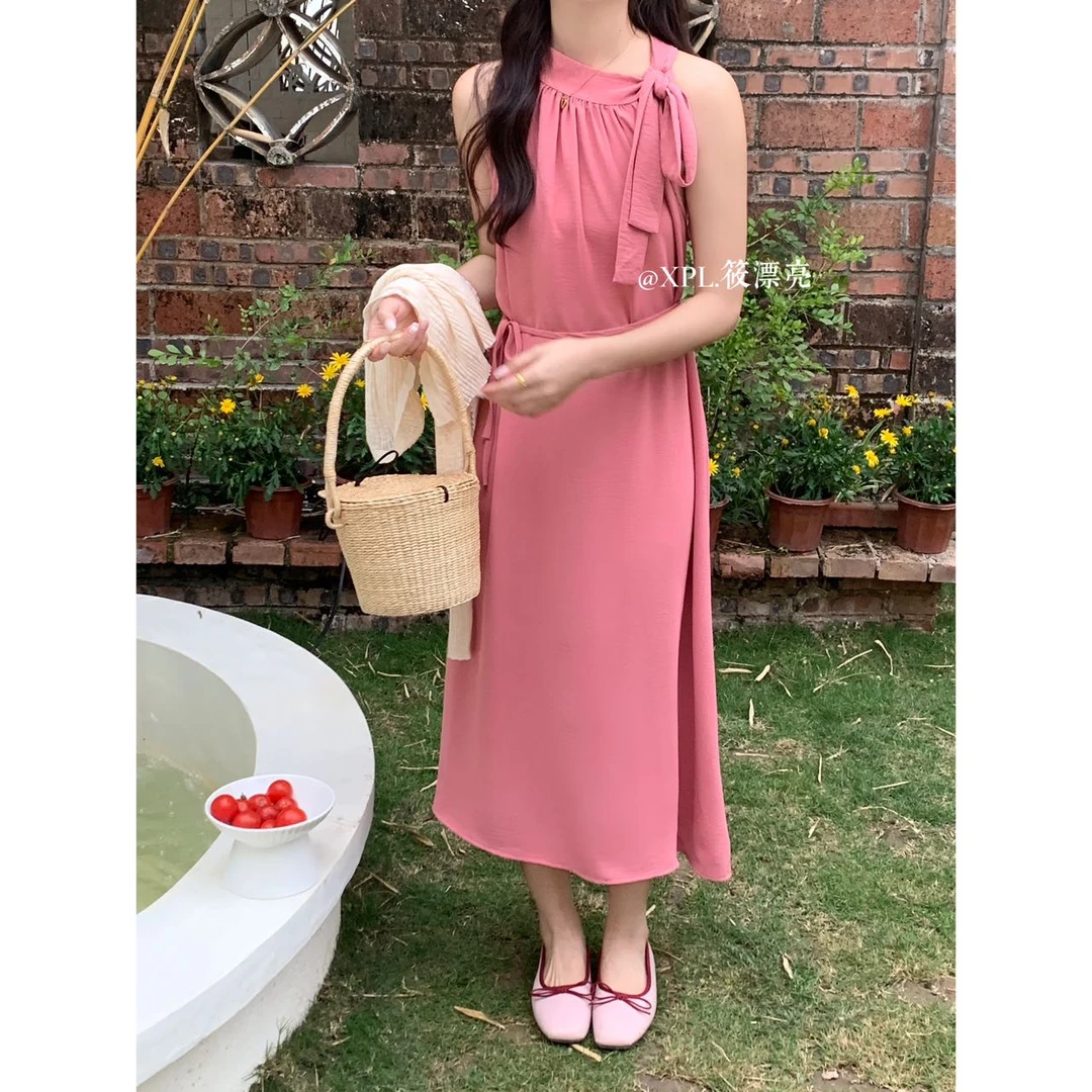 夏日时尚挂脖度假风慵懒气质女神系腰带时尚漂亮连衣裙3053#0.09
