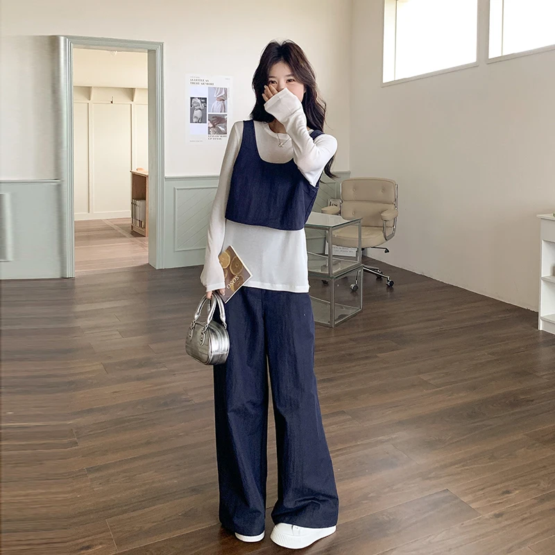 韩版时尚甜酷风T恤小背心套装女2025年春季新款高腰阔腿裤三件套