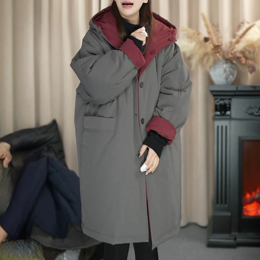 时尚韩版百搭连帽棉服外套2025冬季新款加厚保暖中长款双面穿棉衣