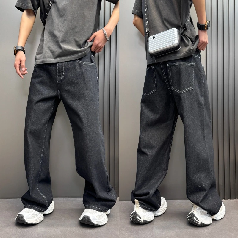 男士潮流痞帅阔腿裤宽松百搭拉链牛仔裤春夏百搭休闲原色牛仔长裤