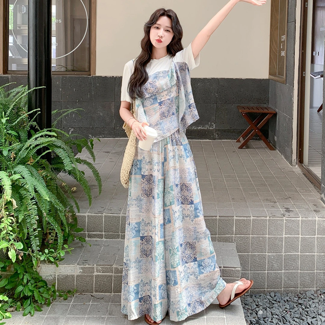 韩版设计感雪纺印花t恤上衣休闲薄款宽松阔腿裤两件套女夏季新款