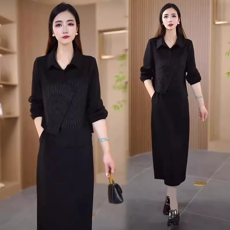 连衣裙女2025春季新款时髦洋气翻领长袖上衣开叉半身裙气质两件套