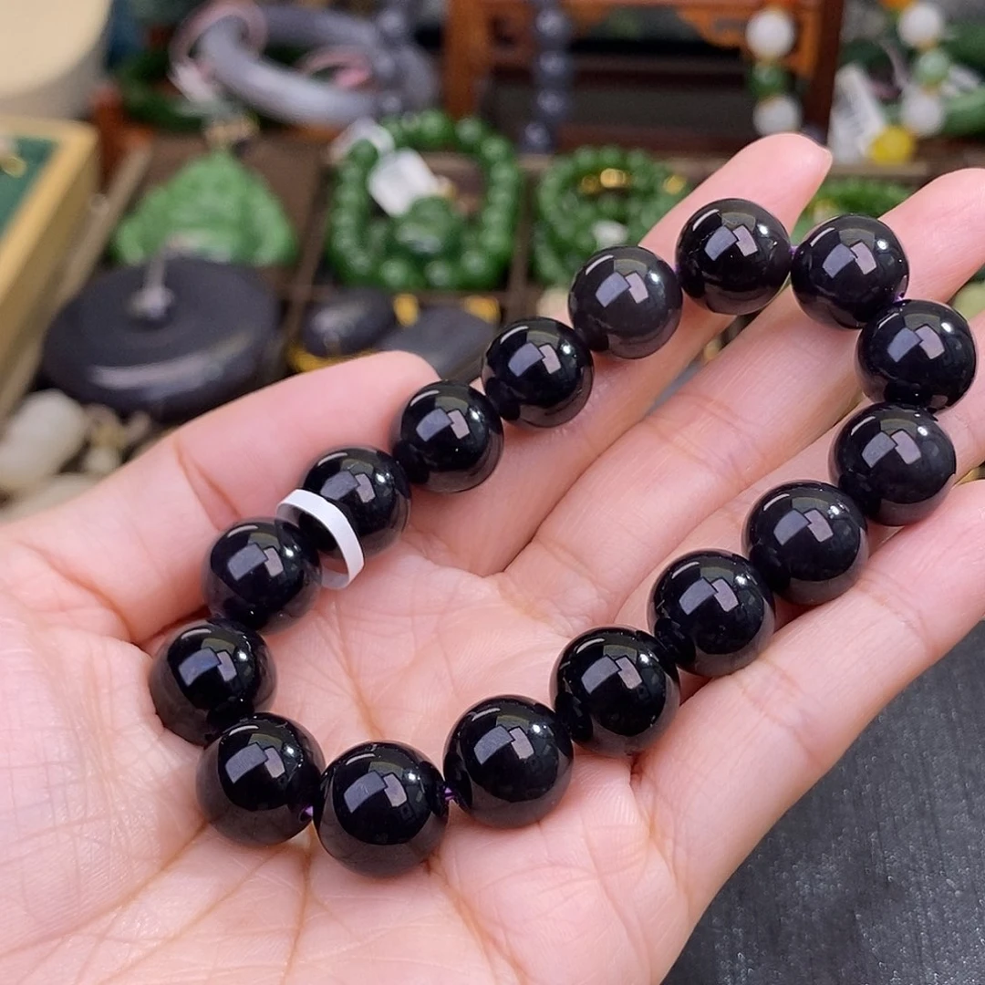 和田玉帝王紫浓烟紫浓色老矿料手链约12MM未镶嵌