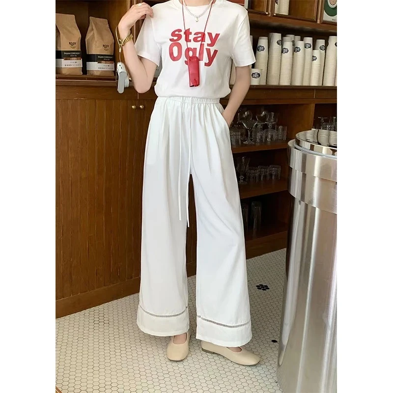 W4294 王仙女 【脚边镂空】 韩版百搭慵懒风松弛感速干镂空阔腿裤女