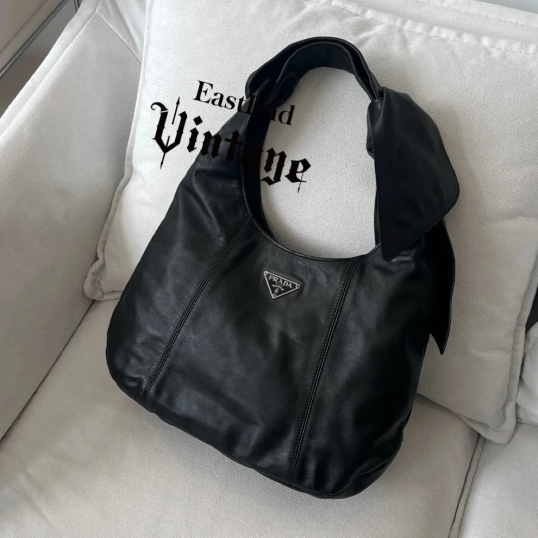 95新 Prada/普拉达 蝴蝶结hobo黑色羊皮单肩包 33803