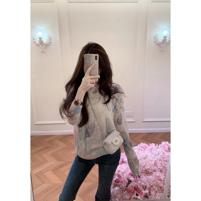 韩系设计感气质时髦休闲百搭针织衫秋季新款高腰牛仔垂感微喇裤潮