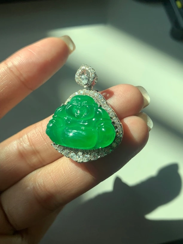 天然a货翡翠老坑高冰佛公吊坠s925
