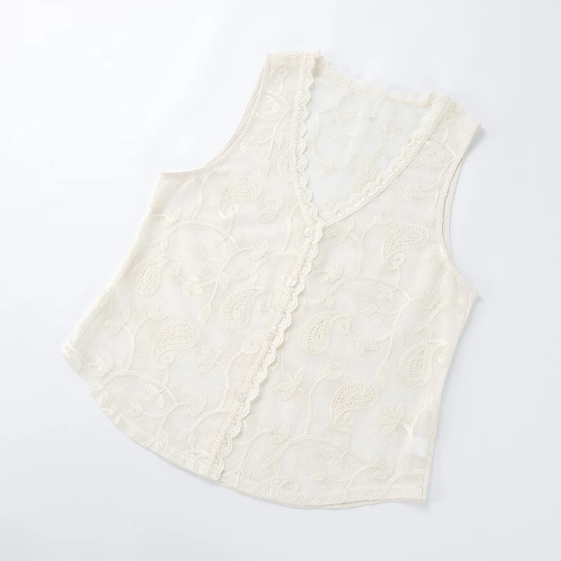 酒窝桃子大码蕾丝定位花刺绣马甲显瘦遮肉盾牌领透气凉快叠穿夏季