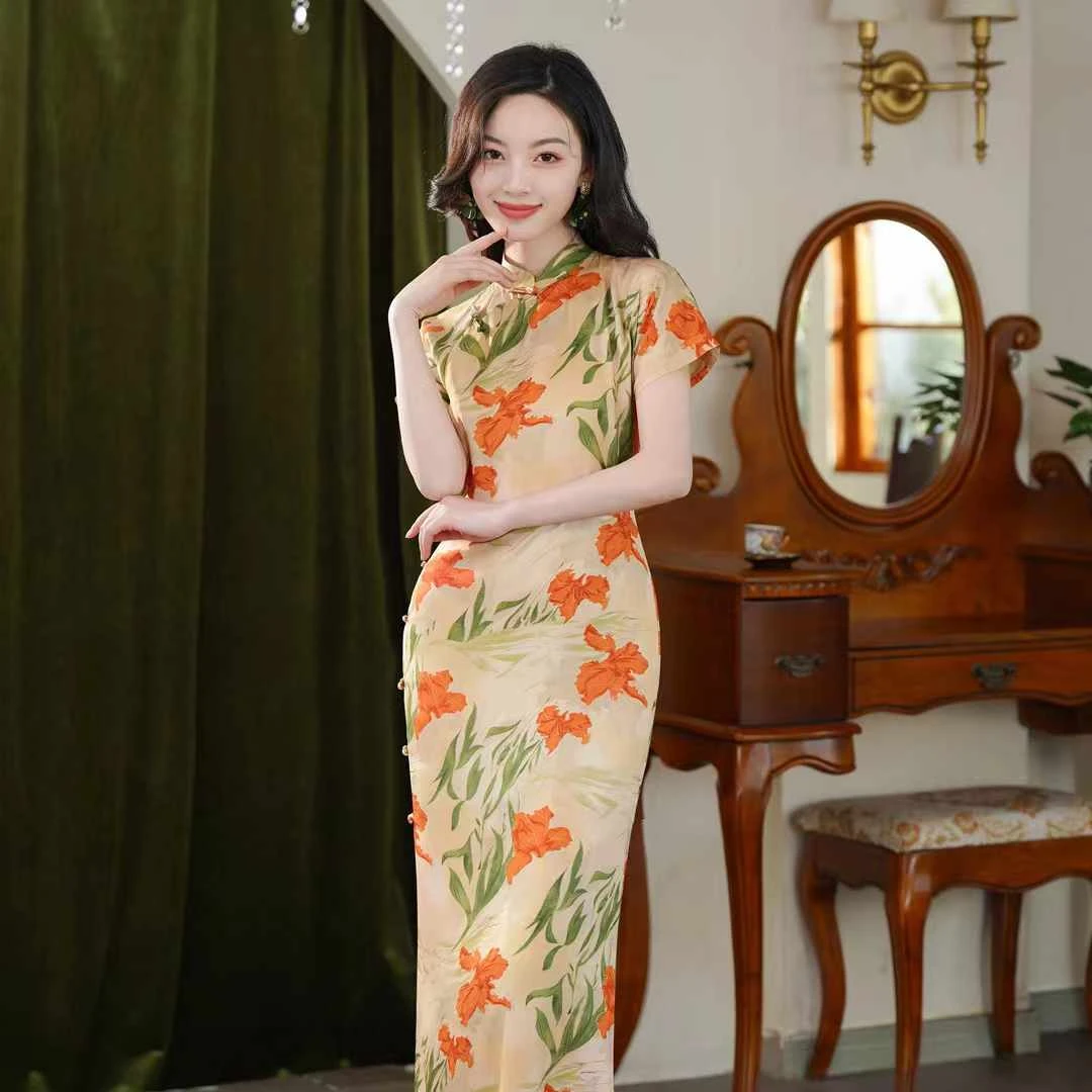 【烟钰】直肩袖长裙长款旗袍显瘦双层中国风复古风斜襟走秀旗袍裙