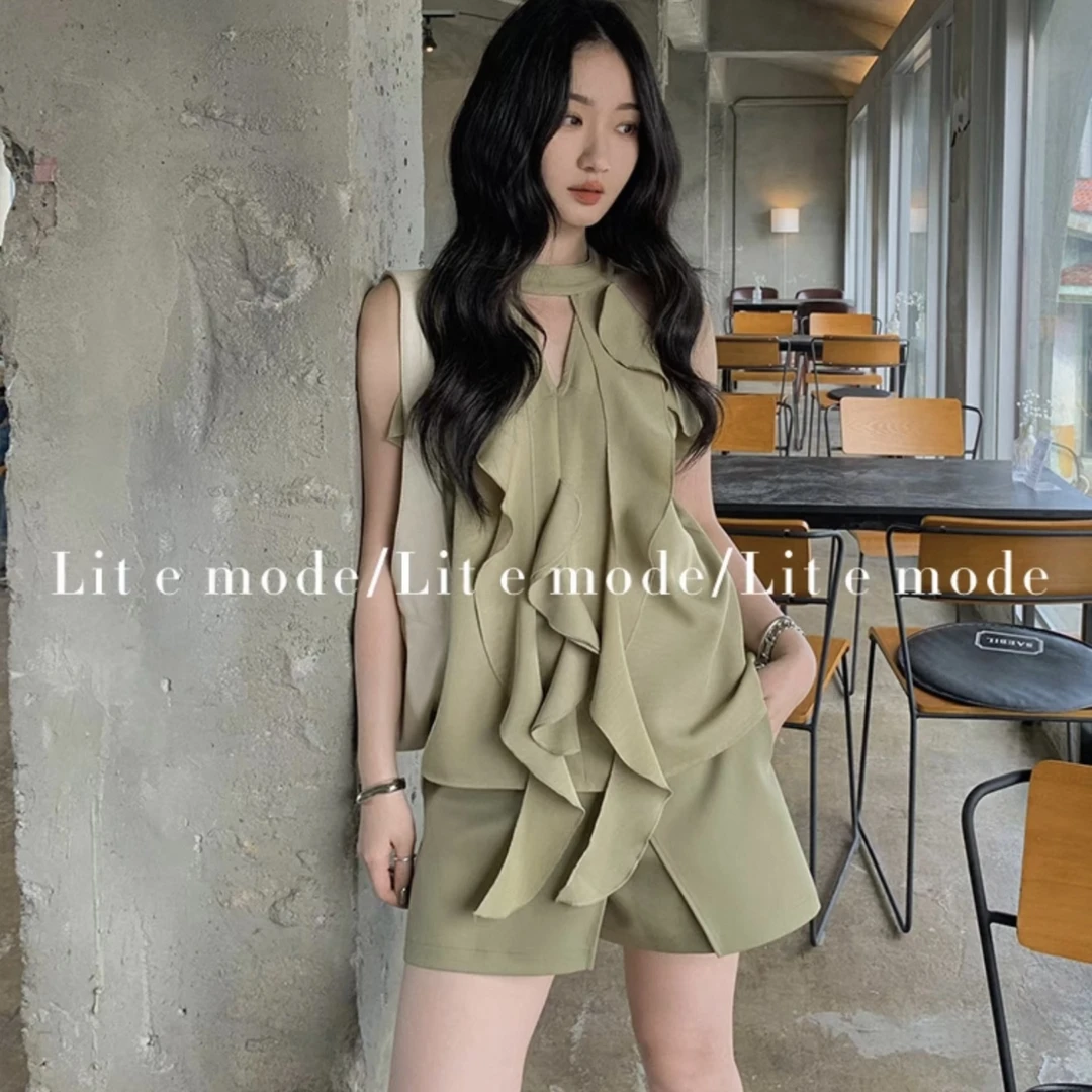 设计感无袖挂脖荷叶边套装