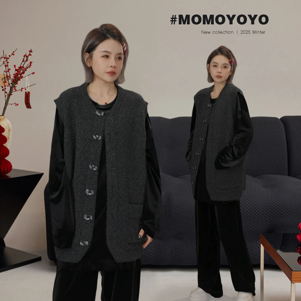 【港系】单排扣毛衣马甲女显瘦气质宽松加厚保暖外套9389DM