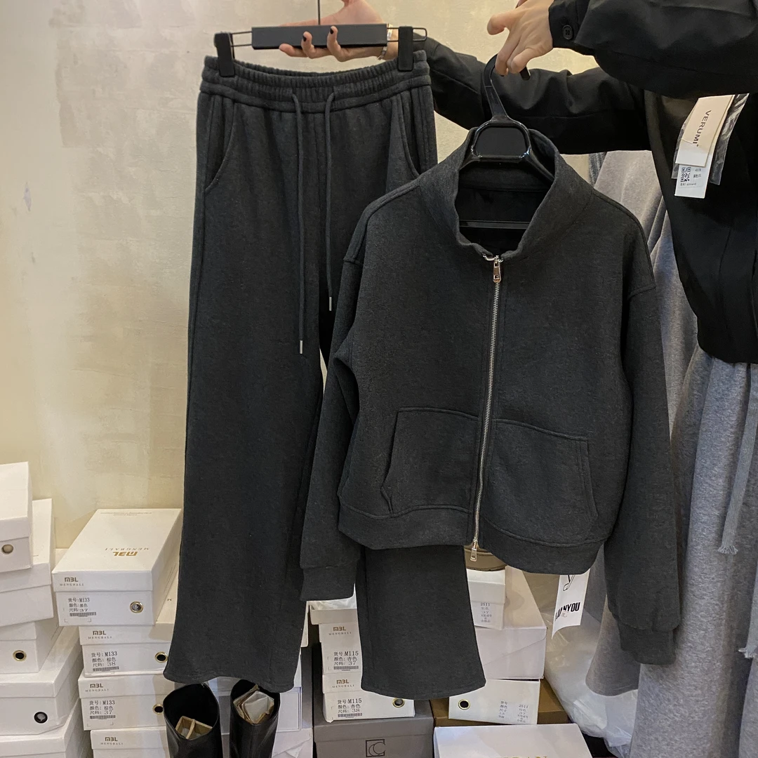 冬季复古灰色连帽拉链卫衣休闲裤加绒加厚两件套舒适时髦通勤