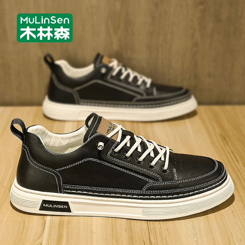 木林森男鞋春秋季黑色皮鞋2025新款男士青少年运动软底休闲板鞋子