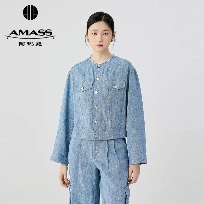 阿玛施AMASS新款时尚简约圆领麻料休闲户外长袖夹克5400744