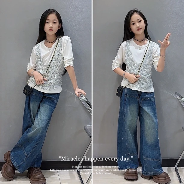 女童2025春奢感重工银色休闲亮片拼接假两件宽松T恤上衣牛仔裤
