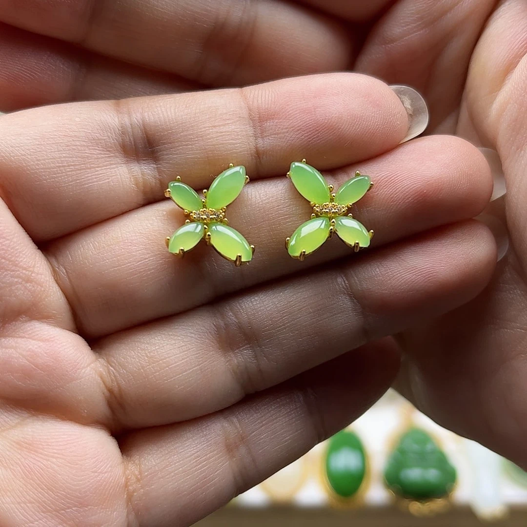 和田玉银S925镶嵌耳饰