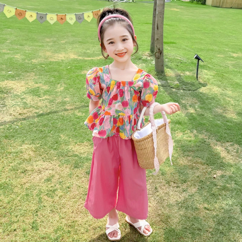 女童套装夏季新款时尚洋气郁金香阔腿裤套装（价格已开）