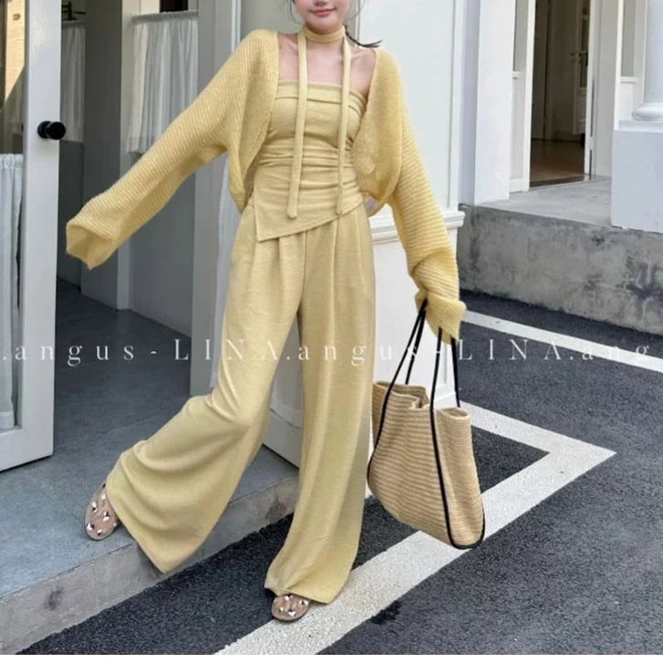 依二一推荐纯欲辣妹防滑显瘦抹胸高腰休闲阔腿裤套装配系带9033